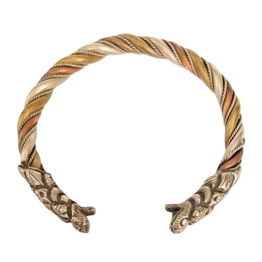 Vintage Nepalese Artisan Three-Metal Dragon Head Torque Bracelet